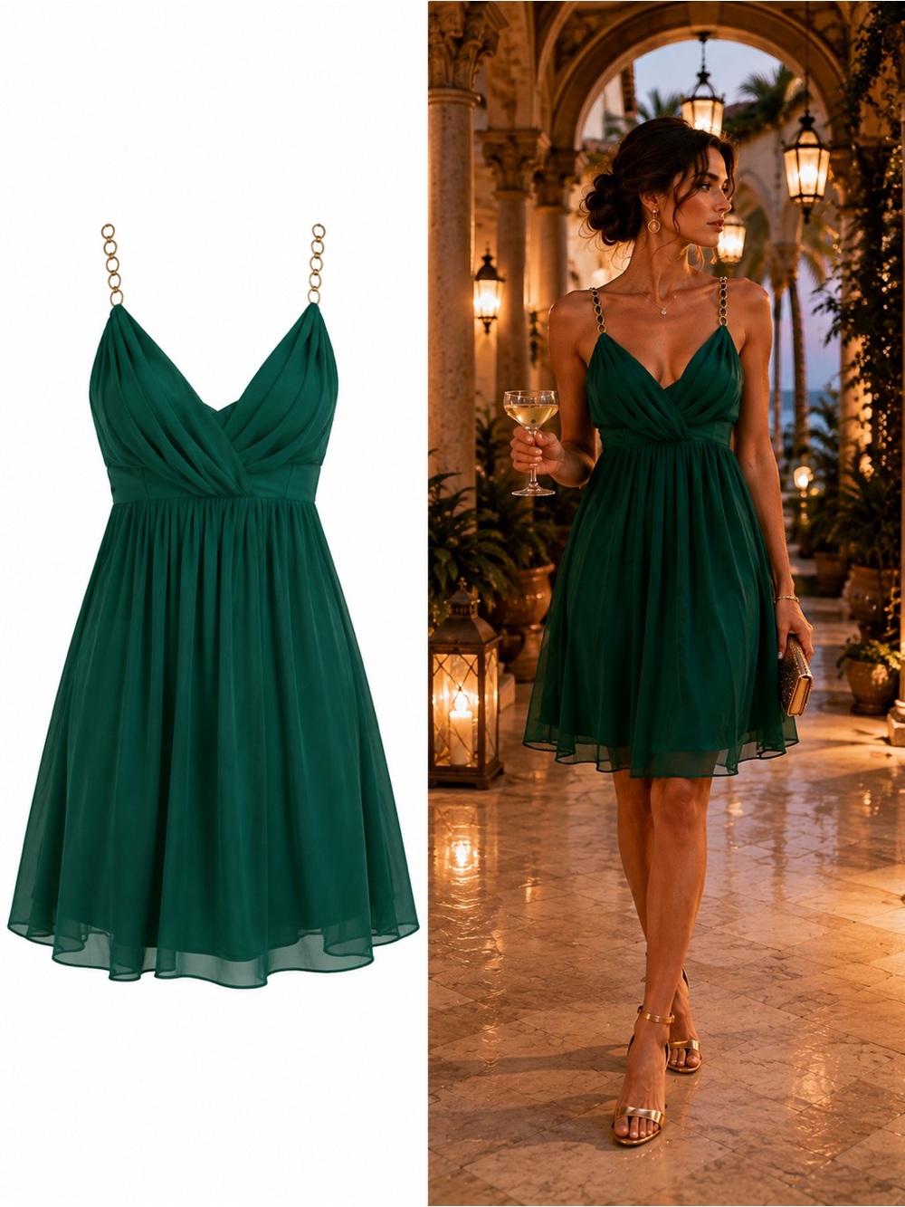 Shoshanna Emerald Green 100% Silk Chiffon Cocktail Dress Size 2 Wedding Guest